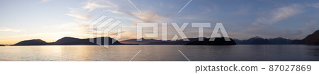 Panoramic View of Canadian Nature Mountain Landscape on the Pacific Ocean West Coast. Panoramic View of Canadian Nature Mountain Landscape on the Pacific Ocean West Coast. 87027869