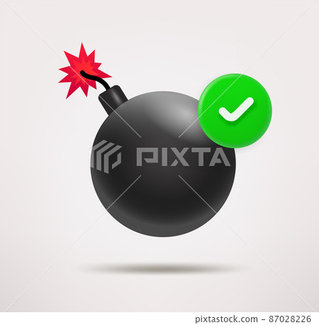 Bomb icon with checkmark. 3d vector icon Bomb icon with checkmark. 3d vector icon 87028226