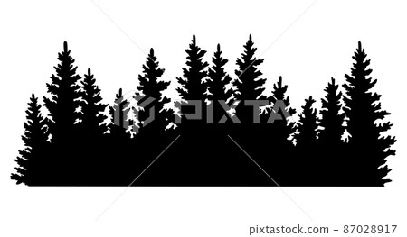 Fir trees silhouette. Coniferous spruce horizontal background pattern, black evergreen woods vector illustration. Beautiful hand drawn panorama with treetops forest Fir trees silhouette. Coniferous spruce horizontal background pattern, black evergreen woods vector illustration. Beautiful hand drawn panorama with treetops forest 87028917