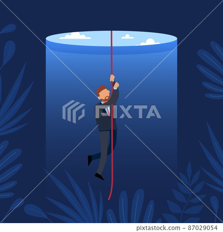Salvation, way out of difficult situation. Rope climbing or descending into dark. Businessman hides from difficulties, postponing decision making, escape vector cartoon flat concept Salvation, way out of difficult situation. Rope climbing or descending into dark. Businessman hides from difficulties, postponing decision making, escape vector cartoon flat concept 87029054