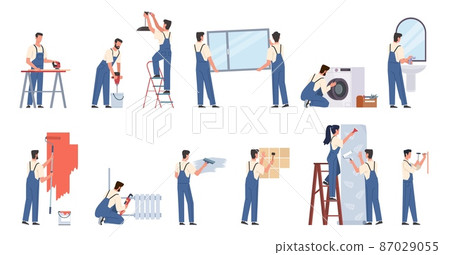 Renovation workers service. People in uniform making repairs house, men and women paint wall, glue wallpaper in room, lay tile, insert windows, change plumbing, vector cartoon flat set 87029055