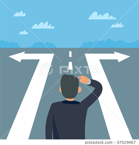 Difficult choice to continue the path. Businessman on crossroads, alternative life, two opposite roads, character making right and wrong decision, difficult ways, vector concept 87029067