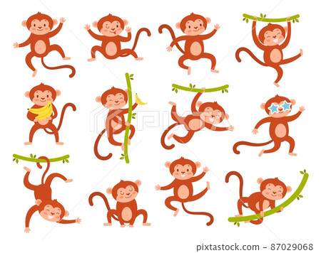 Cute monkey character. Funny jungle baby animal mascot in different poses, various emotion, exotic tropical playing mammal, ape hanging on vines hold bananas, cartoon wildlife vector set 87029068