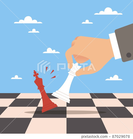 Business strategy. The winning move, chess board, hand holding piece. Management planning, thinking and discussing tactic, corporate success, vector cartoon flat isolated concept Business strategy. The winning move, chess board, hand holding piece. Management planning, thinking and discussing tactic, corporate success, vector cartoon flat isolated concept 87029078