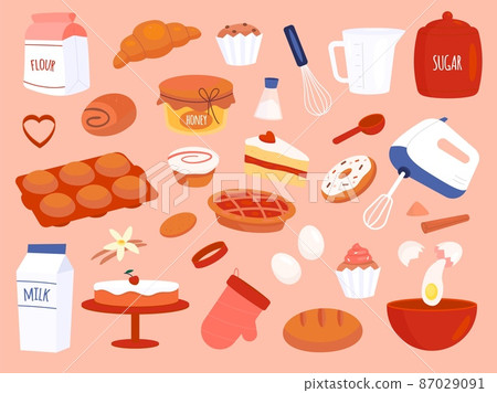 Bakery products. Different sweet pastry kinds and cooking tableware and accessories, food ingredients, mixer and whisk. Fresh eggs, butter and milk. Homemade confectionery vector set Bakery products. Different sweet pastry kinds and cooking tableware and accessories, food ingredients, mixer and whisk. Fresh eggs, butter and milk. Homemade confectionery vector set 87029091