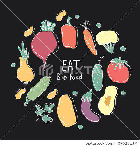 Vegetables seamless pattern. Vegetarian healthy bio food background, Vegan organic eco products pepper, tomato, cucumber, carrot, potato, avocado, beans and peas. Vector illustration 87029137
