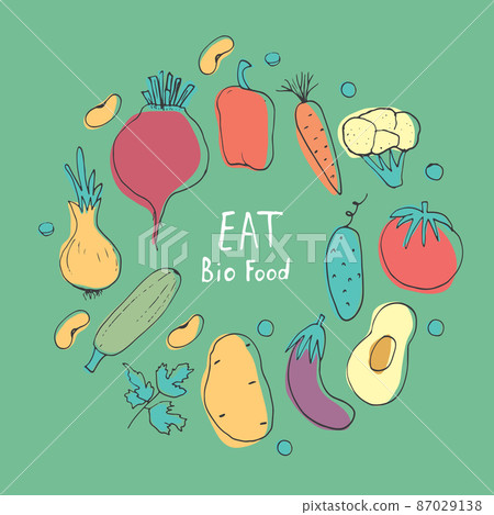 Vegetables seamless pattern. Vegetarian healthy bio food background, Vegan organic eco products pepper, tomato, cucumber, carrot, potato, avocado, beans and peas. Vector illustration 87029138
