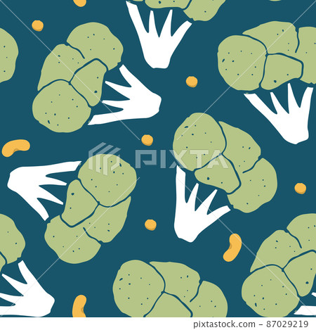 Broccoli or Cauliflower Vegetables seamless pattern. Vegetarian healthy bio food background, Vegan organic eco products. Vector illustration Broccoli or Cauliflower Vegetables seamless pattern. Vegetarian healthy bio food background, Vegan organic eco products. Vector illustration 87029219