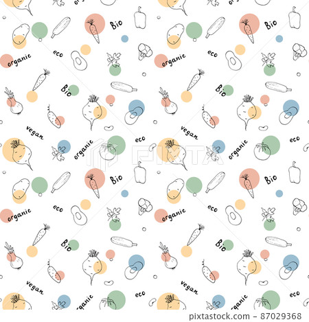 Vegetables seamless pattern. Vegetarian healthy bio food background, Vegan organic eco products pepper, tomato, cucumber, carrot, potato, avocado, beans and peas. Vector illustration Vegetables seamless pattern. Vegetarian healthy bio food background, Vegan organic eco products pepper, tomato, cucumber, carrot, potato, avocado, beans and peas. Vector illustration 87029368