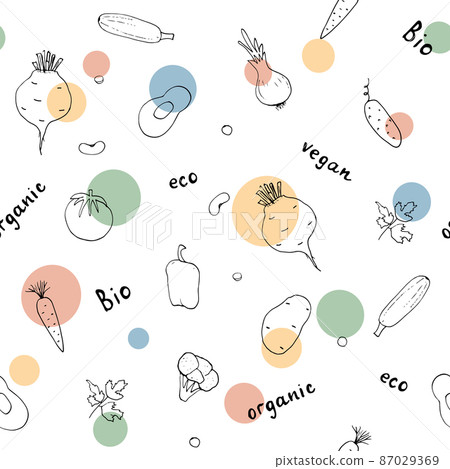 Vegetables seamless pattern. Vegetarian healthy bio food background, Vegan organic eco products pepper, tomato, cucumber, carrot, potato, avocado, beans and peas. Vector illustration 87029369