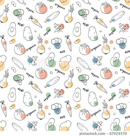 Vegetables seamless pattern. Vegetarian healthy bio food background, Vegan organic eco products pepper, tomato, cucumber, carrot, potato, avocado, beans and peas. Vector illustration Vegetables seamless pattern. Vegetarian healthy bio food background, Vegan organic eco products pepper, tomato, cucumber, carrot, potato, avocado, beans and peas. Vector illustration 87029370