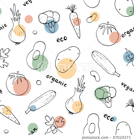 Vegetables seamless pattern. Vegetarian healthy bio food background, Vegan organic eco products pepper, tomato, cucumber, carrot, potato, avocado, beans and peas. Vector illustration Vegetables seamless pattern. Vegetarian healthy bio food background, Vegan organic eco products pepper, tomato, cucumber, carrot, potato, avocado, beans and peas. Vector illustration 87029371