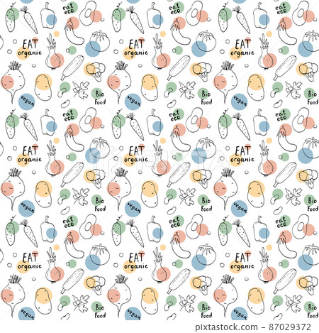 Vegetables seamless pattern. Vegetarian healthy bio food background, Vegan organic eco products pepper, tomato, cucumber, carrot, potato, avocado, beans and peas. Vector illustration Vegetables seamless pattern. Vegetarian healthy bio food background, Vegan organic eco products pepper, tomato, cucumber, carrot, potato, avocado, beans and peas. Vector illustration 87029372