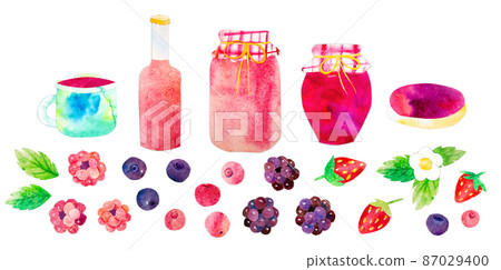 Handpainted watercolor papercut collection set of summer berries and homemade jelly jar, fruit stew compote, raspberry craft beer, sandwich with jam, cup of juice, blackberry, blueberry and cranberry. Handpainted watercolor papercut collection set of summer berries and homemade jelly jar, fruit stew compote, raspberry craft beer, sandwich with jam, cup of juice, blackberry, blueberry and cranberry. 87029400