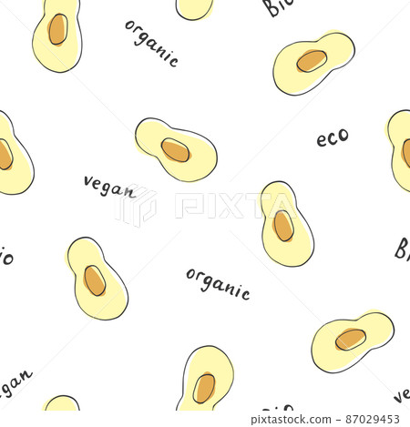 Avocado Vegetables seamless pattern. Vegetarian healthy bio food background, Vegan organic eco products. Vector illustration Avocado Vegetables seamless pattern. Vegetarian healthy bio food background, Vegan organic eco products. Vector illustration 87029453