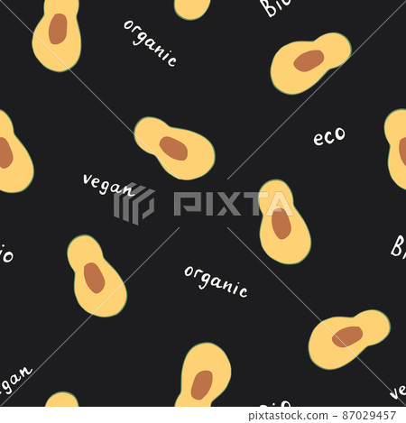 Avocado Vegetables seamless pattern. Vegetarian healthy bio food background, Vegan organic eco products. Vector illustration Avocado Vegetables seamless pattern. Vegetarian healthy bio food background, Vegan organic eco products. Vector illustration 87029457