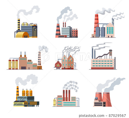 Icon set of industrial factory. Manufactory industrial buildings refinery factorys or nuclear power stations. Complex of chemical plants buildings isolated on white background 87029567