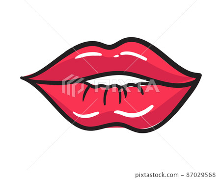Comic female red lips sticker. Women mouth with lipstick in vintage comic style. Rop art retro illustration 87029568