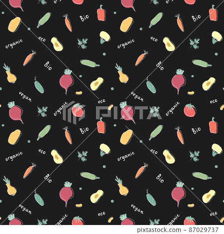 Vegetables seamless pattern. Vegetarian healthy bio food background, Vegan organic eco products pepper, tomato, cucumber, carrot, potato, avocado, beans and peas. Vector illustration 87029737