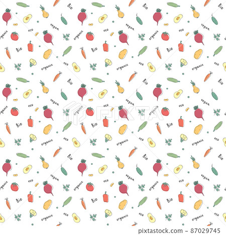 Vegetables seamless pattern. Vegetarian healthy bio food background, Vegan organic eco products pepper, tomato, cucumber, carrot, potato, avocado, beans and peas. Vector illustration Vegetables seamless pattern. Vegetarian healthy bio food background, Vegan organic eco products pepper, tomato, cucumber, carrot, potato, avocado, beans and peas. Vector illustration 87029745