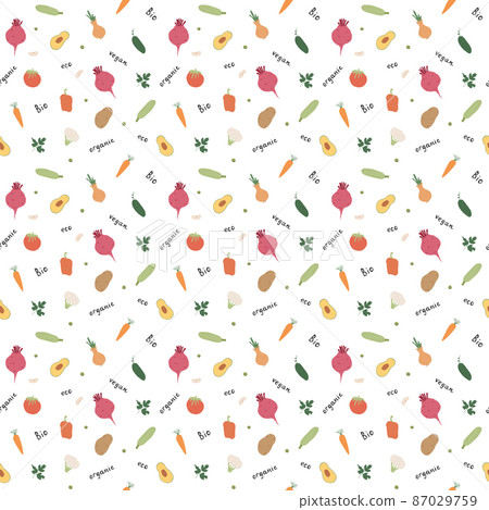 Vegetables seamless pattern. Vegetarian healthy bio food background, Vegan organic eco products pepper, tomato, cucumber, carrot, potato, avocado, beans and peas. Vector illustration Vegetables seamless pattern. Vegetarian healthy bio food background, Vegan organic eco products pepper, tomato, cucumber, carrot, potato, avocado, beans and peas. Vector illustration 87029759