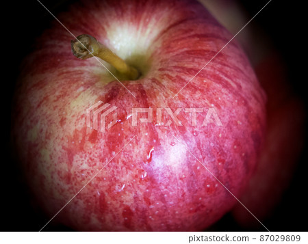 Ripe gala apples, a close-up shot. Apples whose peel is covered with pink stripes. 87029809