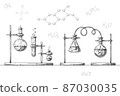 Sketch of objects of a chemical laboratory. Glassware for a chemical experiment. Vector pharmaceutical flasks, beakers and test tubes. 87030035