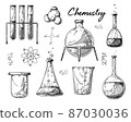 Set of different pharmaceutical flasks, beakers and test tubes. A sketch of chemical laboratory objects. 87030036