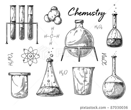 Set of different pharmaceutical flasks, beakers and test tubes. A sketch of chemical laboratory objects. Set of different pharmaceutical flasks, beakers and test tubes. A sketch of chemical laboratory objects. 87030036