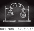 Sketch of chemical laboratory objects. Glassware for a chemical experiment on a chalk board. Vector pharmaceutical flasks, beakers and test tubes. 87030037