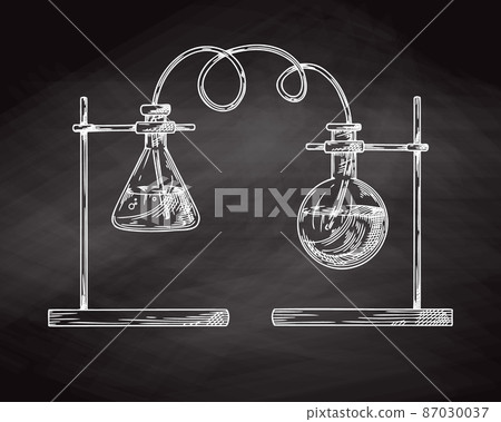 Sketch of chemical laboratory objects. Glassware for a chemical experiment on a chalk board. Vector pharmaceutical flasks, beakers and test tubes. 87030037