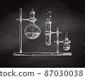 Sketch of chemical laboratory objects. Glassware for a chemical experiment on a chalk board. Vector pharmaceutical flasks, beakers and test tubes. 87030038