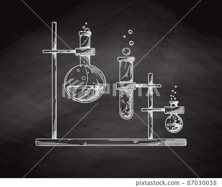 Sketch of chemical laboratory objects. Glassware for a chemical experiment on a chalk board. Vector pharmaceutical flasks, beakers and test tubes. 87030038