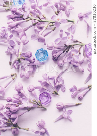 Spring flowers. Lilac flowers petals on white wooden background. Top view, flat lay Spring flowers. Lilac flowers petals on white wooden background. Top view, flat lay 87030230