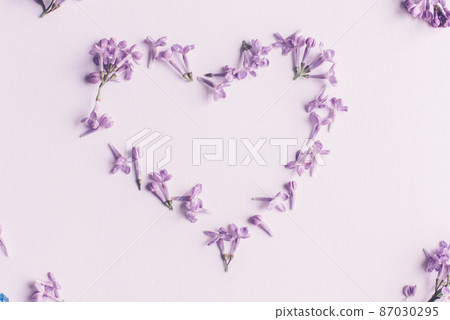 Spring flowers. Lilac flowers petals on white wooden background. Top view, flat lay 87030295