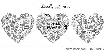 A set of doodle signs of feminism, women s rights. Hand drawn vector icons set of pets and Cinema, TV Shows, Series and Movies. A rally to fight for voting rights. International women s day 8 march A set of doodle signs of feminism, women s rights. Hand drawn vector icons set of pets and Cinema, TV Shows, Series and Movies. A rally to fight for voting rights. International women s day 8 march 87030917
