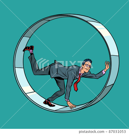 A businessman in a squirrel wheel. Routine monotonous work. A man in captivity of his affairs A businessman in a squirrel wheel. Routine monotonous work. A man in captivity of his affairs 87031053