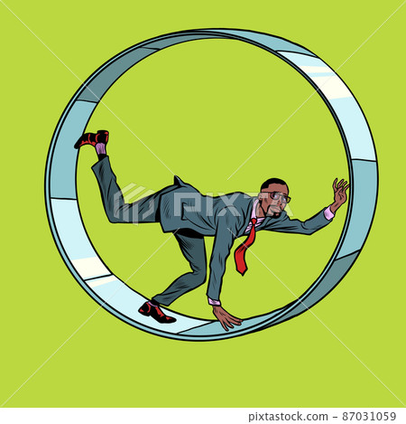 african businessman in a squirrel wheel. Routine monotonous work. A man in captivity of his affairs african businessman in a squirrel wheel. Routine monotonous work. A man in captivity of his affairs 87031059