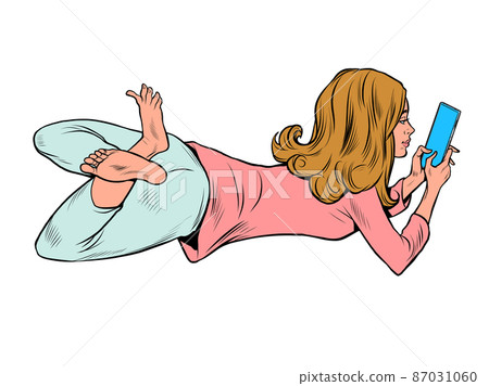 a teenage woman lies and watches a smartphone, lifestyle new technologies, chat on social networks a teenage woman lies and watches a smartphone, lifestyle new technologies, chat on social networks 87031060