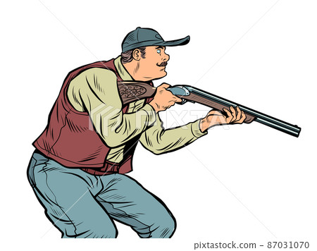 A hunter with a gun sneaks up, a man is a hobby in nature. Shooting 87031070