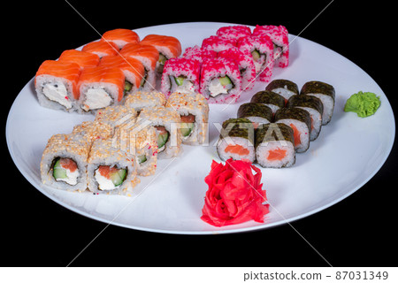 Japanese Cuisine - Sushi Roll with Shrimps and Conger, Avocado, Tobiko and Cheese. sushi rolls tempura,japanese food style ,Traditional Japanese cuisine, Crunchy Shrimp Tempura Roll 87031349
