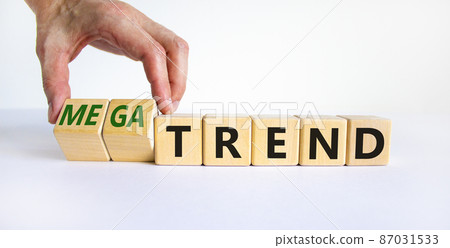 Trend or megatrend symbol. Businessman turns wooden cubes and changes words trend to megatrend. Beautiful white table, white background, copy space. Business, trend or megatrend concept. 87031533