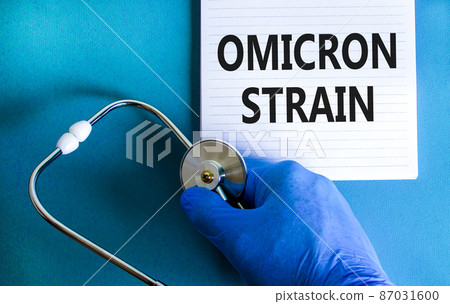 New covid-19 omicron variant strain symbol. Hand in blue glove with white note. Concept words Omicron strain. Stethoscope. Medical and COVID-19 omicron variant strain concept. Copy space. New covid-19 omicron variant strain symbol. Hand in blue glove with white note. Concept words Omicron strain. Stethoscope. Medical and COVID-19 omicron variant strain concept. Copy space. 87031600