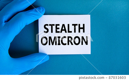 New covid-19 stealth omicron variant strain symbol. Hand in blue glove with white card. Concept words Stealth omicron. Medical and COVID-19 stealth omicron variant strain concept. Copy space. New covid-19 stealth omicron variant strain symbol. Hand in blue glove with white card. Concept words Stealth omicron. Medical and COVID-19 stealth omicron variant strain concept. Copy space. 87031603