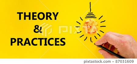 Theory and practice symbol. Businessman writing words 'Theory and practice', isolated on beautiful yellow background. Light bulb icon. Business, theory and practice concept. Copy space. Theory and practice symbol. Businessman writing words 'Theory and practice', isolated on beautiful yellow background. Light bulb icon. Business, theory and practice concept. Copy space. 87031609
