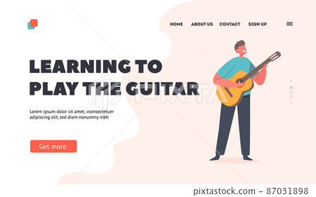 Little Boy Character Learning to Play Guitar Landing Page Template. Little Musician with String Instrument Performance 87031898