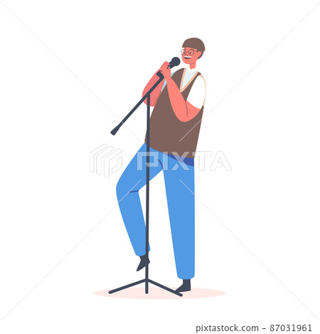 Little Boy Holding Microphone Sing on Stage, Baby Singing Song. Little Vocalist Male Character Entertaining on Show Little Boy Holding Microphone Sing on Stage, Baby Singing Song. Little Vocalist Male Character Entertaining on Show 87031961