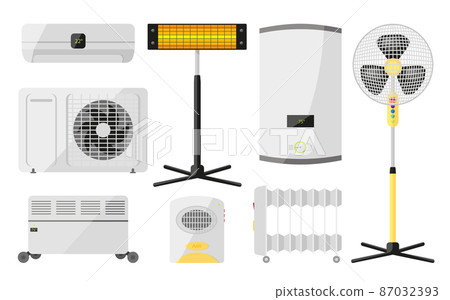 Household appliance temperature control flat set. Heating cooling purification boiler electric infrared heater fan smart large home gadget helper those monitoring air room isolated on white 87032393