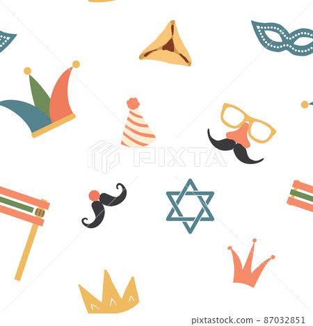Purim seamless pattern. Traditional Jewish holiday background. vector illustration Purim seamless pattern. Traditional Jewish holiday background. vector illustration 87032851