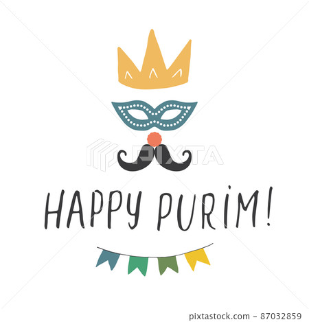 Happy Purim lettering, Jewish holiday and traditional elemets. vector illustration Happy Purim lettering, Jewish holiday and traditional elemets. vector illustration 87032859